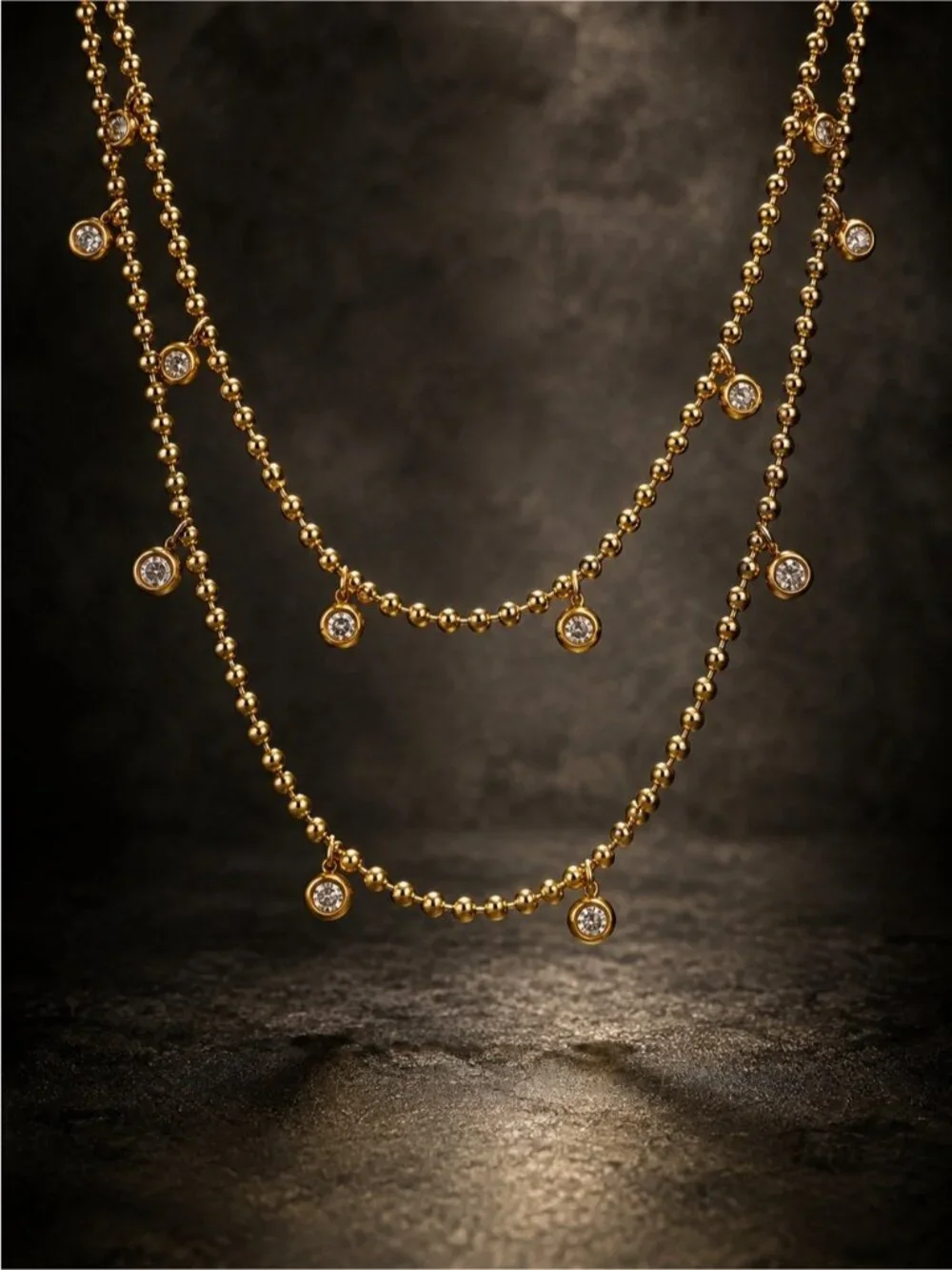 18 K Gold plated Double-Layer Beaded Necklace with Crystal Drops